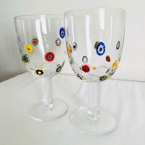 Vintage Set of 2 Leonardo Millefiori Murano Hand Made Blown Wine Glasses